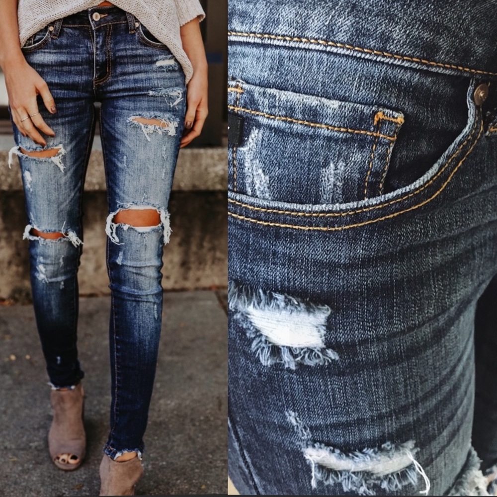 Distressed Denim Ankle Skinny Dark Wash Jeans - Picture 4 of 9